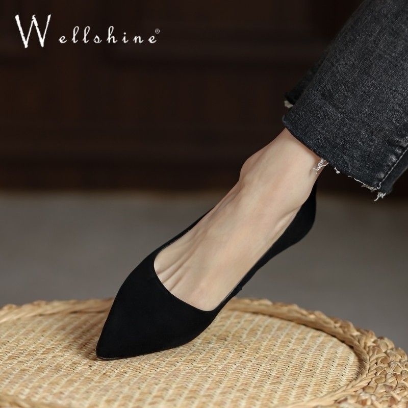 FHANCHU Europea 2025 Spring Sheepskin Leather Wedges Shallow Shoes,Women Pumps,High Heels,Slip On,Pointed Toe,Black,Dropship