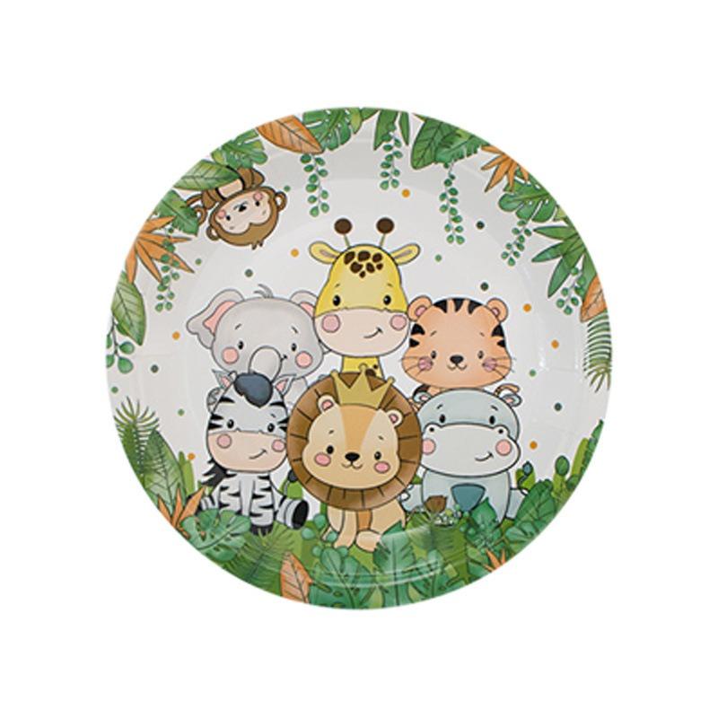 Dschungel-Tier-Geburtstagsparty-Dekoration Zoo-Partyzubehör Papier Teller Papiertassen Tischdecken Geburtstagsfest