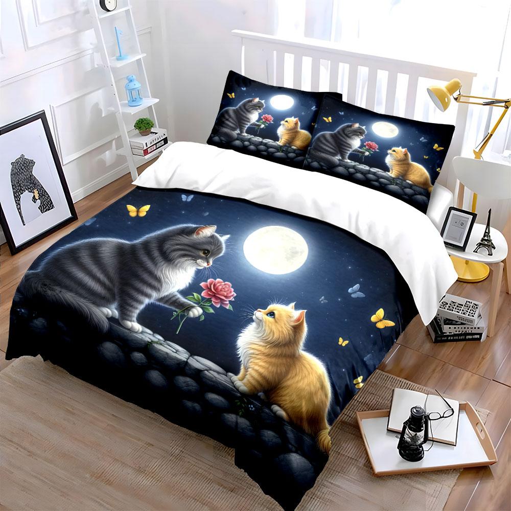 Romantic Cats Under Moonlight Scene Kid'S And Adults' Bedroom Decor, Exquisite Three-Piece Bedding Set Gift