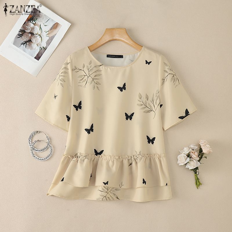 ZANZEA Women Casual Round Neck Loose Short Sleeve Print Blouse