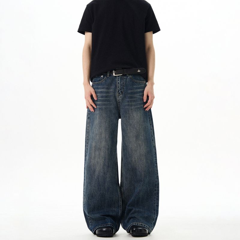 Kisko Basic American Cleanfit Washed Vintage Blue Jeans Unisex Loose Straight-Leg Couple Pants Trendy