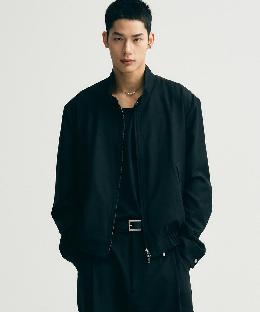 Noirer Oversized Wool Harrington Jacket (Black)