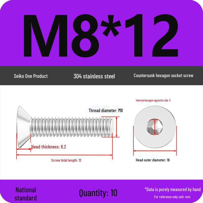 M2-M10 Stainless Steel Flat Head Machine Screws and Bolts Set, Countersunk Hex Socket Cap, 304 Grade.