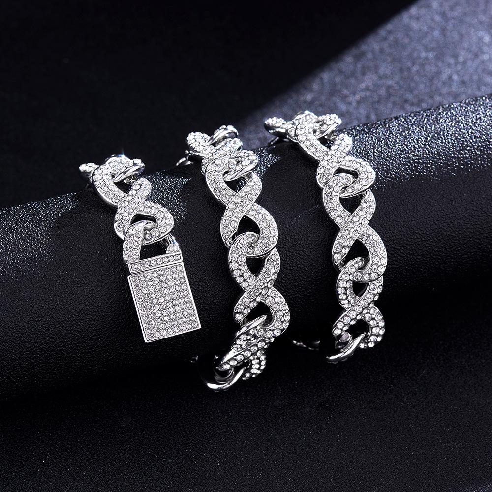 European & American Hip Hop Infinity Cuban Chain Necklace & Bracelet: Trendy Unisex Design with Full Diamond Accents.