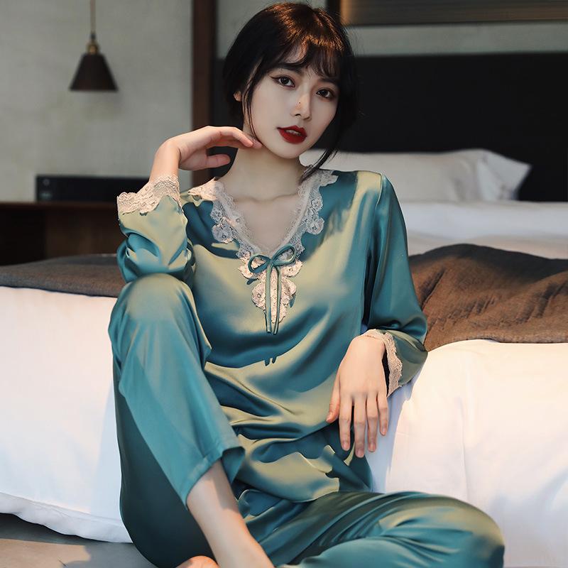 Women’s Korean Style Ice Silk Pajama Set Long Sleeve Top and Pants Spring Summer Autumn Lightweight Loungewear