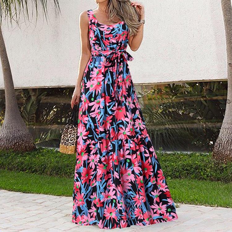 Summer Print Casual Long Dress with Belt, European & American Style