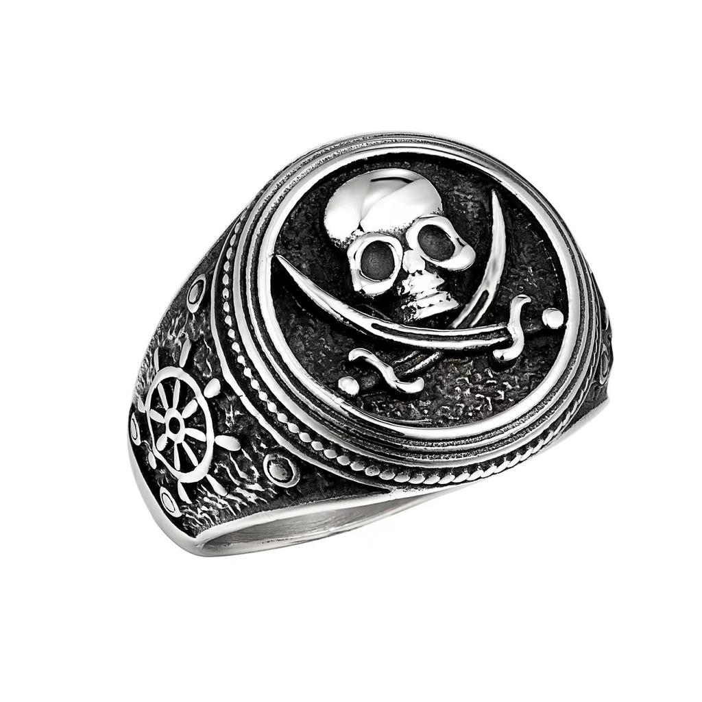 Stainless Steel Pirate Skull Ring, Vintage Hip Hop Titanium Steel Men'S Ring, Skull Ring