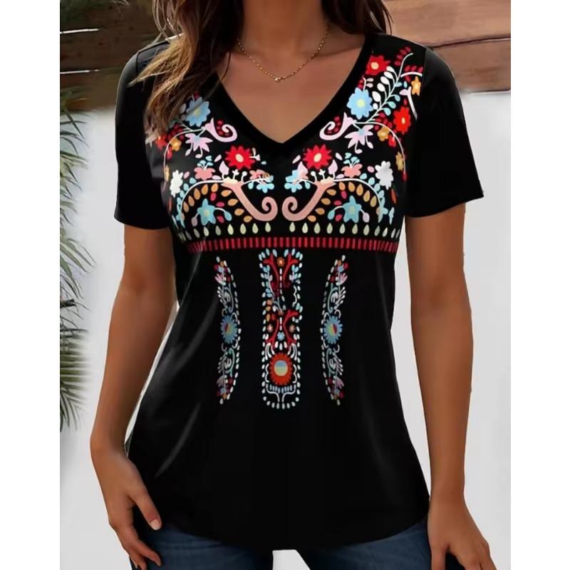 Summer Outdoor Casual Short Sleeve Tops Retro Street Flower 3D Print OverSize Women's Clothing Harajuku Wind Ladies V-neck T-shirt