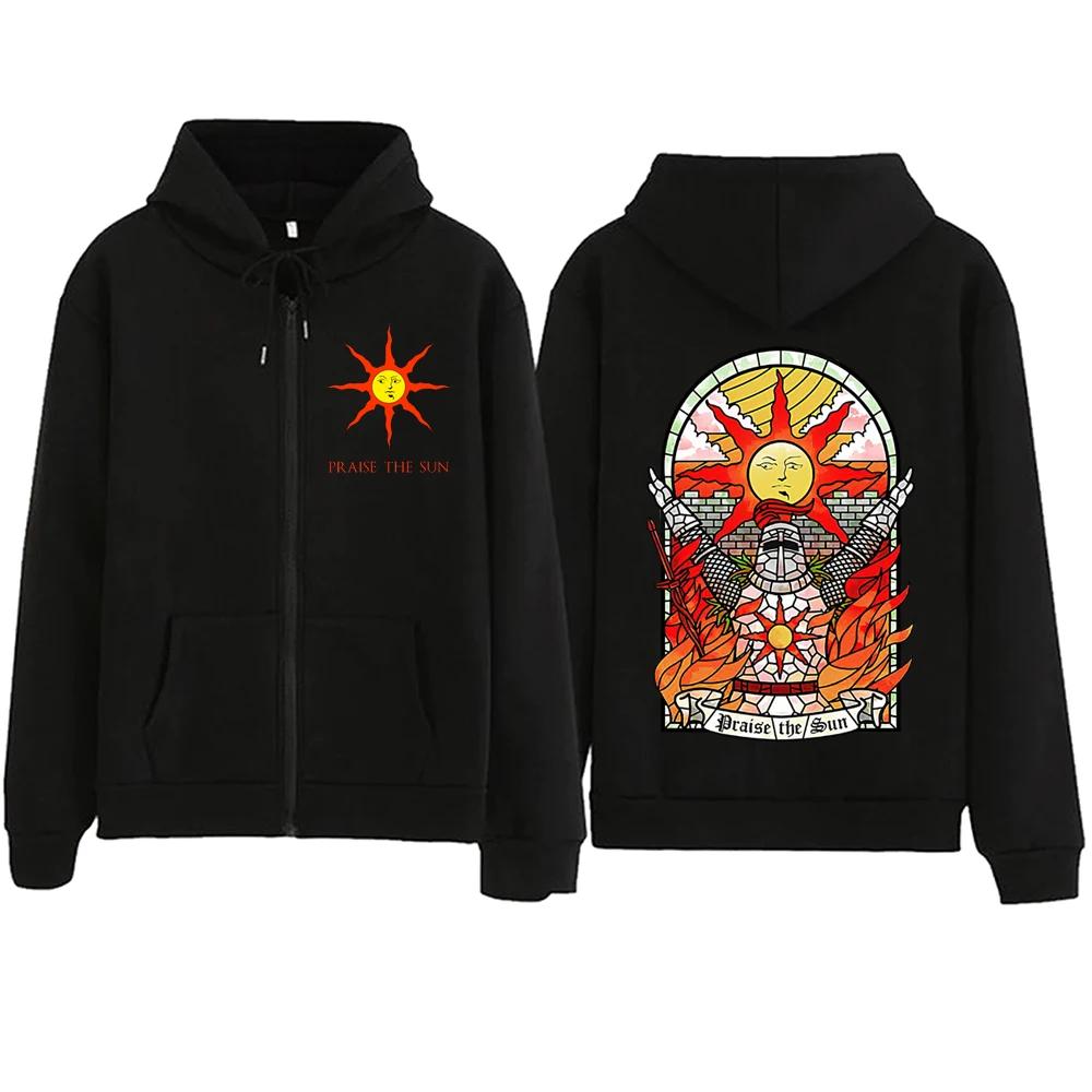 Dark Souls Praises Sun Print Zipper and Fleece Hoodie Harajuku Fashion Pullover Sweatshirt Streetwear