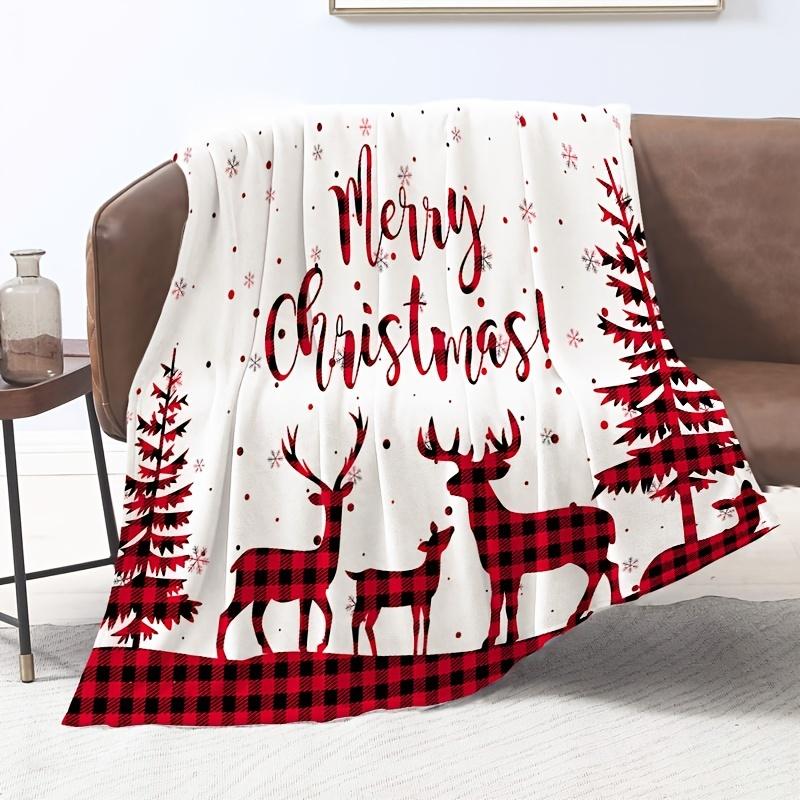 Contemporary Christmas Deer & Snowflakes Print Flannel Throw Blanket - Soft, Comfortable, All-Season Knitted Polyester Throw for