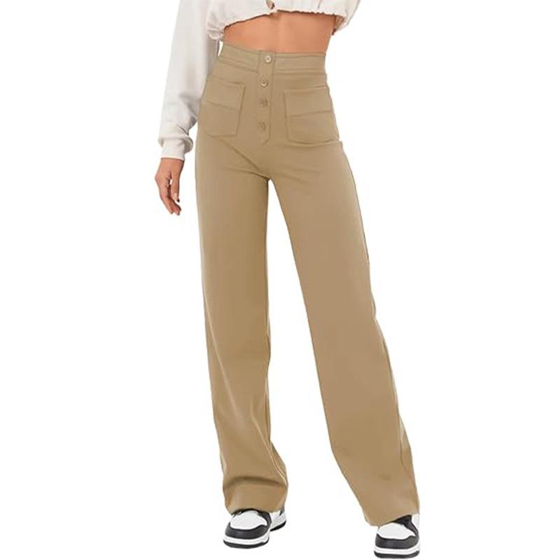 2024 Fashion Women's High-Waist Casual Straight Pants with Elastic Belt and Multiple Pockets