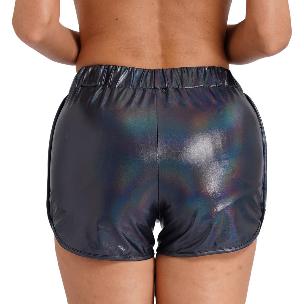 Shorts de Booty Métalliques Brillants pour Femmes Taille Élastique Poches Latérales Shorts Rave
