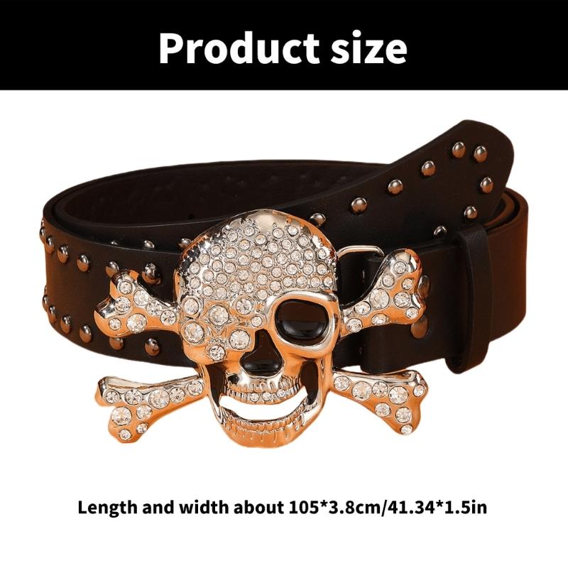 Popular Rhinestones Skull Buckle Belt for Adult Rivet Studded Belt All Matching Western Belt for Daily and Club Wear