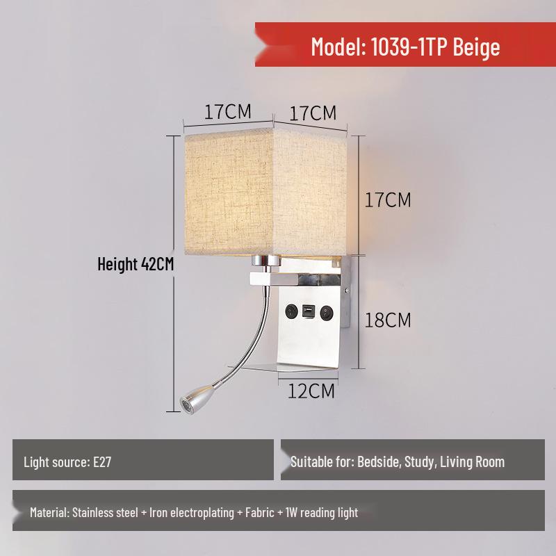 Modern American Fabric Wall Lamp with USB Charge - Hotel Bedroom Reading Light