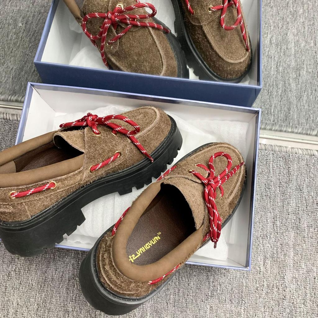 Spot second hair! Fashion versatile new miu retro matte cowhide lace-up thick-soled thick-heeled loafers women's autumn