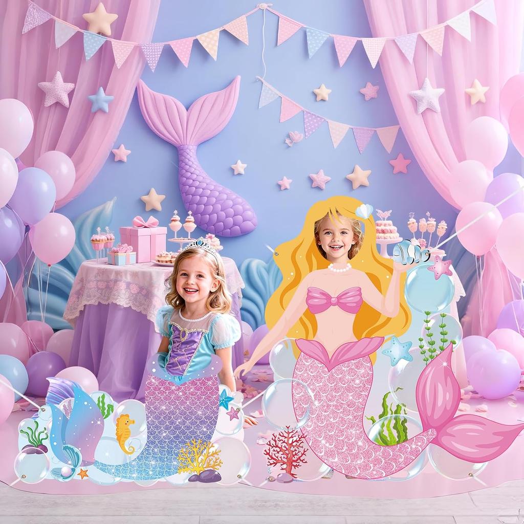 2Pcs Mermaid Birthday Decorations for Girls Mermaid Tail Photo Banner Backdrop Photo Props Under The Sea Birthday Photo Decor Pink Ocean Theme Party