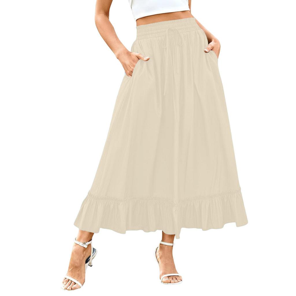 Dámská módní a ležérní sukně s elastickým pasem se stahovací šňůrkou, kapsou s okrajem z černých hub, jednobarevná