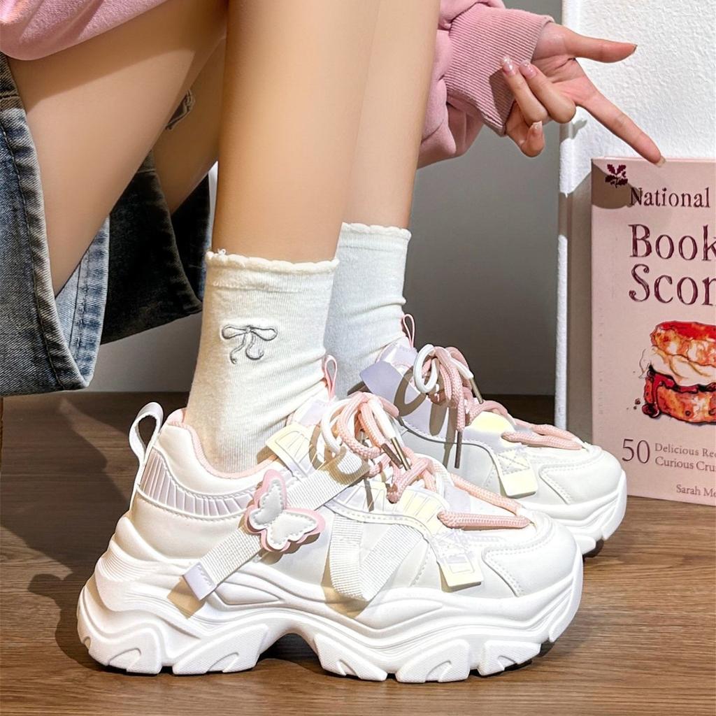 Women's shoes 2025 new thick soled dad shoes popular autumn butterfly student versatile lightweight white shoes for women