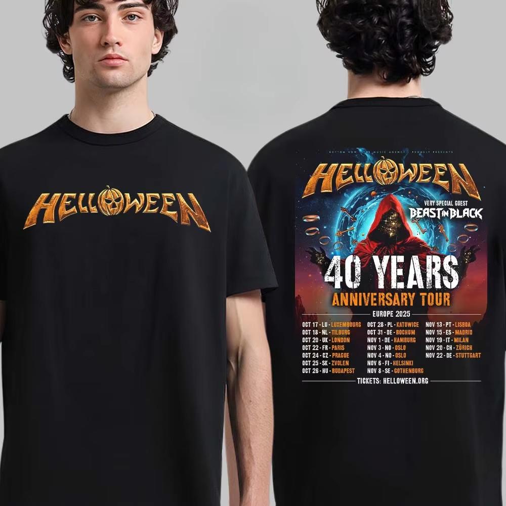 Helloween 2025 Europe Tour Hooded Wizard Poster Print Tee Power Metal Band Streetwear Casual Unisex Top with Full Show Dates