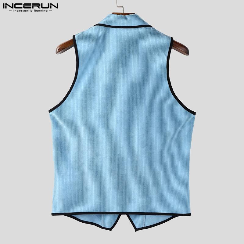 INCERUN Men Lapel Sleeveless Stitching Slim Waist Buttons Up Rib Vest Waistcoat