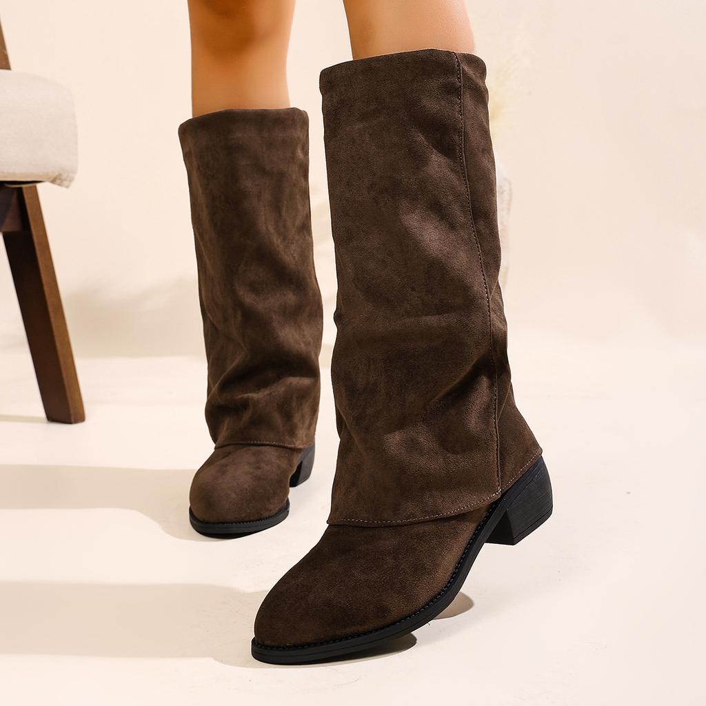 Damen Überweite Klobiger Absatz Kniehohe Stiefel - Bordo & Braune Maillard-Farbe Slouch-Stiefel für Herbst/Winter, Retro Schrägstiefel
