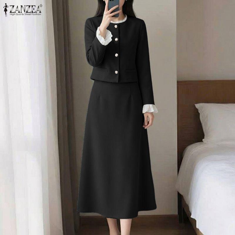 ZANZEA Damen Langarmbluse und Röcke Lässige zweiteilige Anzugsets