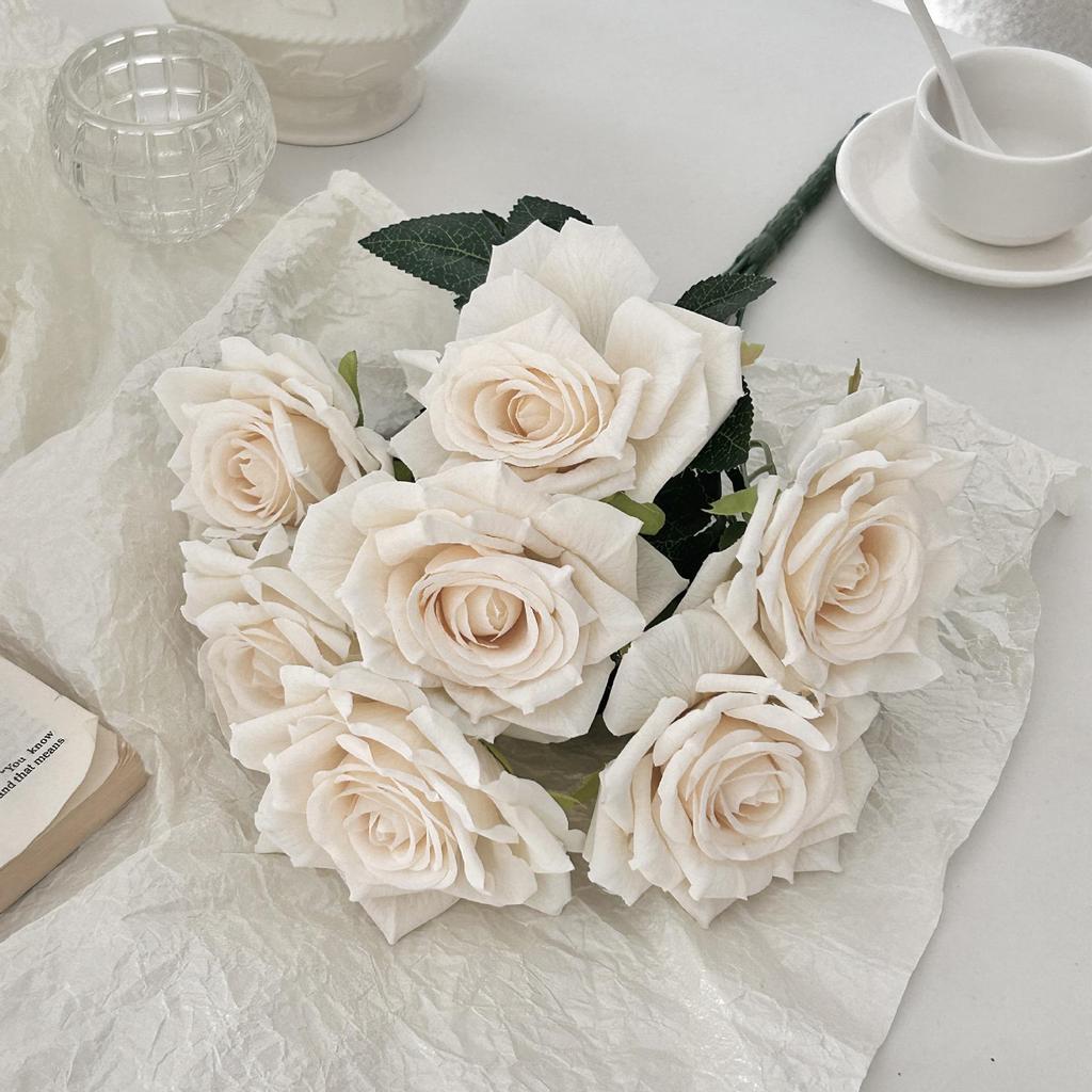 7-Head Ruffled Cappuccino Rose Bouquet - Vintage Artificial Flowers for Home or Wedding Decor