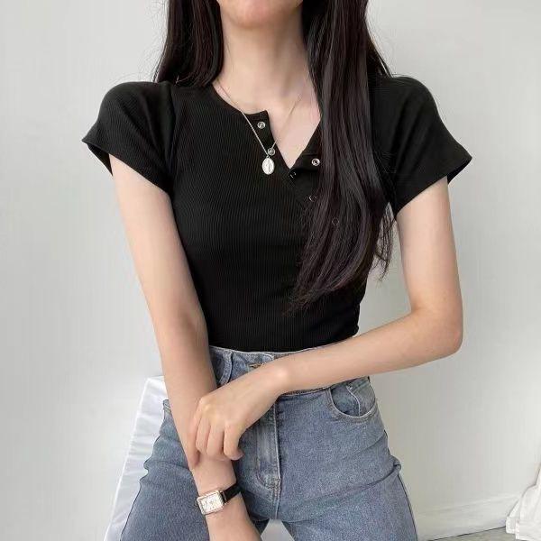 Unregelmäßiges T-Shirt Damen Frühling Kurzarm Schwarz Crop Top Vintage Einfarbig All Match Slim Fit