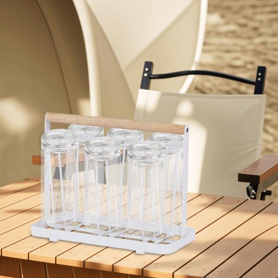 Yousheng 6-Hook Iron Cup Holder Rustproof Metal Drying Rack with Wooden Handle Space-Saving Kitchen Organizer for Mugs Glasses Bottles