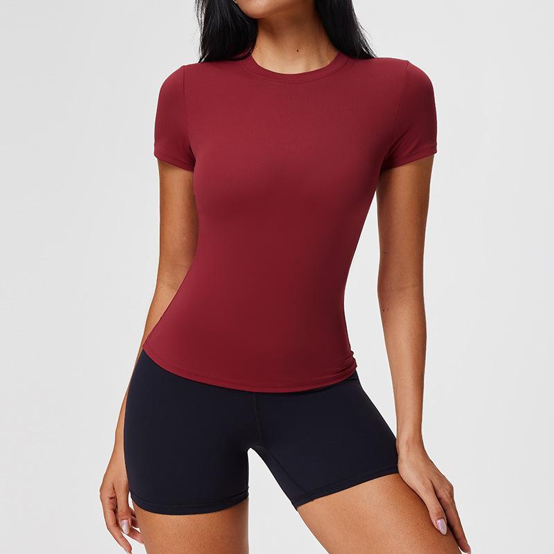 Damen Nude-Feeling Amerikanischer Stil Schnelltrocknendes Kurzarm-T-Shirt - Schlankmachendes Yoga-, Sport-, Fitness- und Laufoberteil