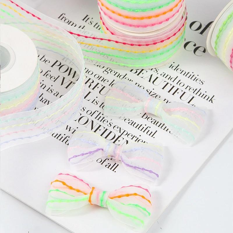 10yards/Roll Bow Ribbon Transparent Rainbow Color DIY Silk Ribbon 9 Meters Bouquet Gift Packaging 2.5cm Bubble