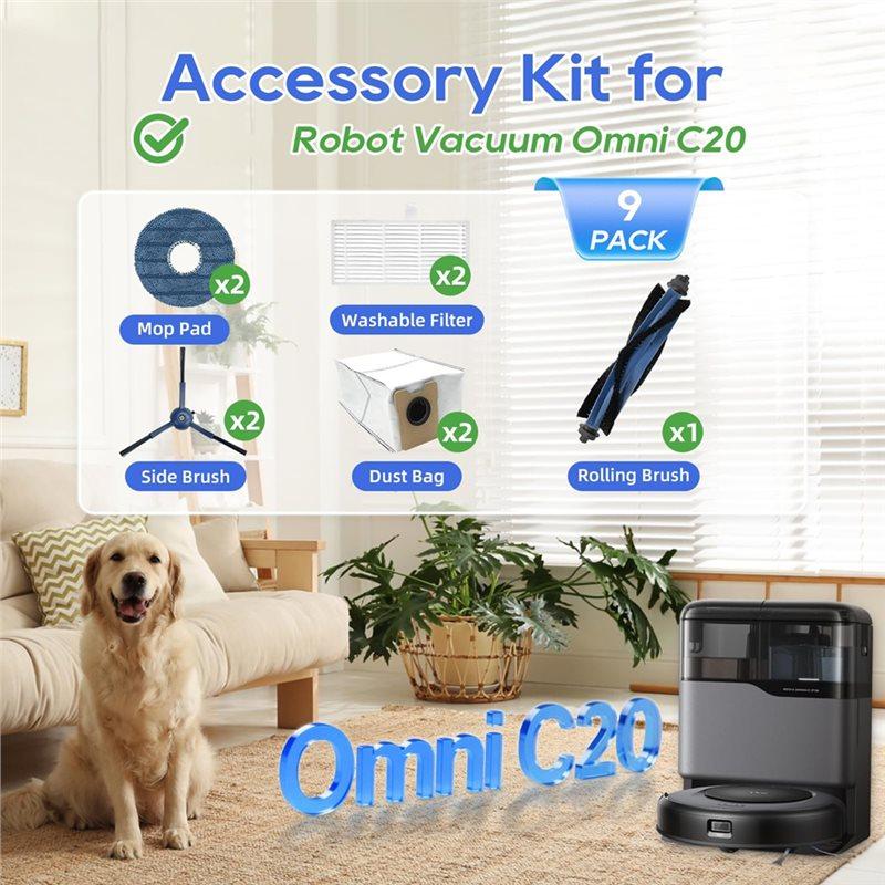 9 Pack Repl Parts For Eufy Omni C20 1 Main Brush, 2 Side Brushes, 2 Filters 2 Mop Pads, 2 Dust Bags