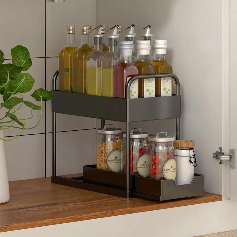 Kitchen Desktop Storage Rack Simple Double-deck Pull Out Type Storage Rack Save Space Household High-capacity Cabinet Organizer