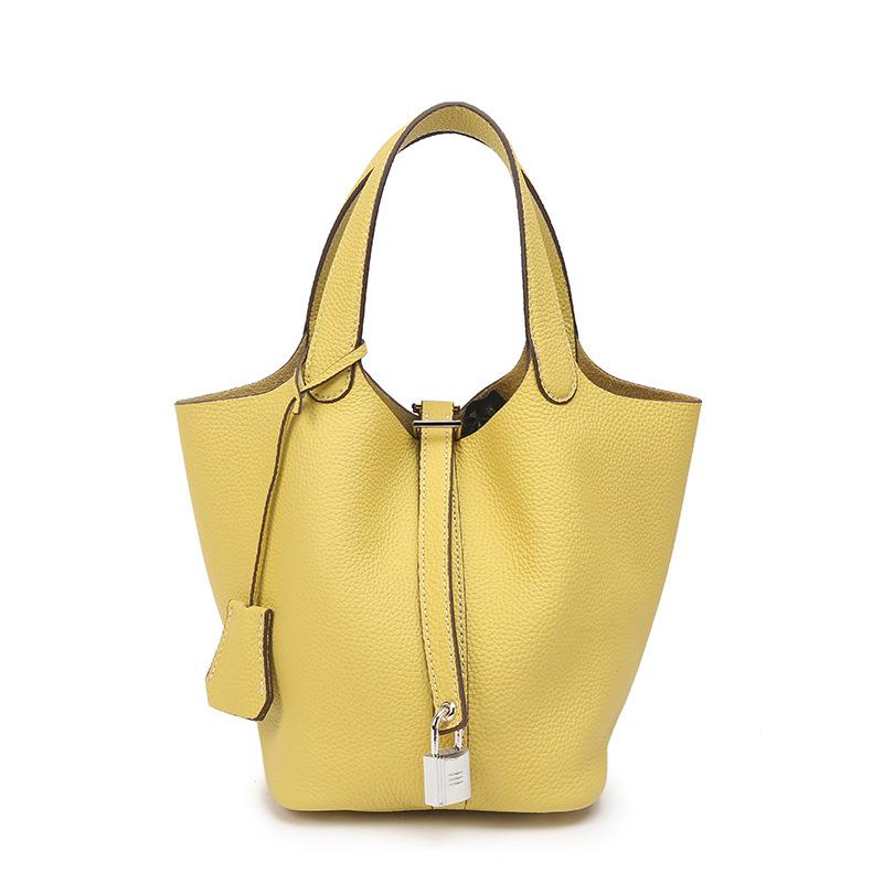 Genuine Leather Large-capacity Vegetable Basket Women's Bag High-quality and Exquisite Lychee Pattern Hand-held Bucket Bag