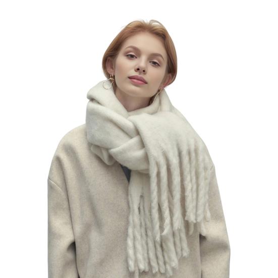 Women Scarf Solid Color Thickened Knitting Scarf with Tassel Decoration Versatile Design Warm Winter Scarf