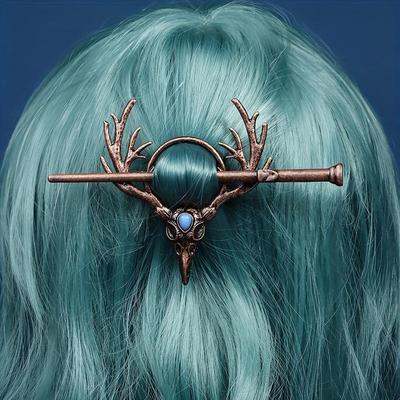 Nordische gotische Krähenschädel-Geweih-Haarnadel – Wikinger-Kopfschmuck, Halloween-Haar-Accessoire