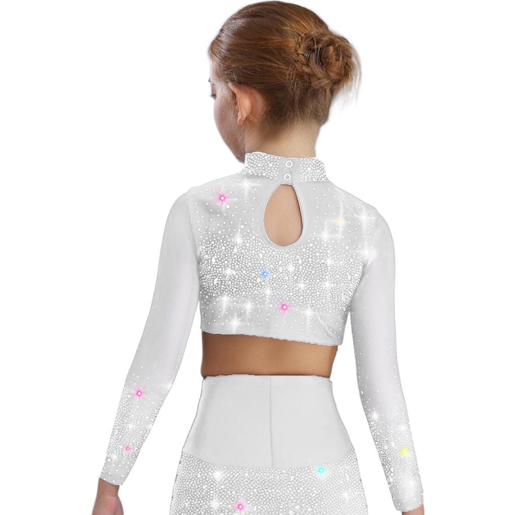 Dívčí průhledný síťovaný crop top s dlouhým rukávem a rolákem, lesklé kamínky, klíčová dírka vzadu, kostým pro lyrický tanec