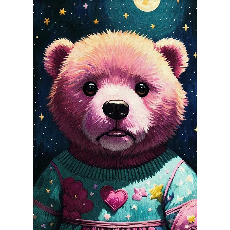 Růžový plyšový medvídek Hvězdná obloha Vintage malba Tisky Plyšový medvídek Roztomilá kreslená malba Dětský pokoj Školní plátno Dekorace