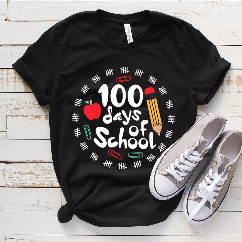 Women's Top 100 Days of School Printed High Street Trendy Fashion Casual Cotton T-Shirts Women’s