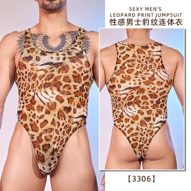 Men Leopard Bodysuit Snap Crotch Mesh Tank Top One Piece Leotard See Through Thong Sissy Lingerie Gay Club Wrestling Singlet