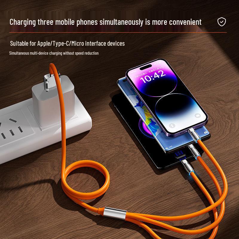 120W Super Fast Charge 3-in-1 Cable for Apple, Huawei, Type-C, and Android with 6A Flash Charge Capability