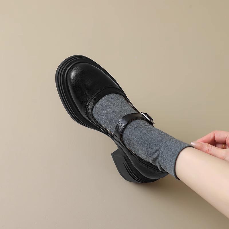 Mary Jane Shoes Women's 2025 Autumn Small Man Thick Sole Height Increase 6.5cm Black Round Head Thick Heel Retro French Small