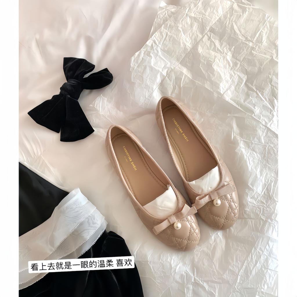 Superior Sheepskin Version~ Su Yinyin Pearl Bow Diamond Flat Leather Single Shoes Women's Ballet Shoes