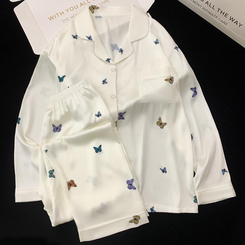 High-Quality Fashion Pajamas Women'S Autumn Long-Sleeved Suit Ice Silk Butterfly Printing Casual Loungewear Real Shot
