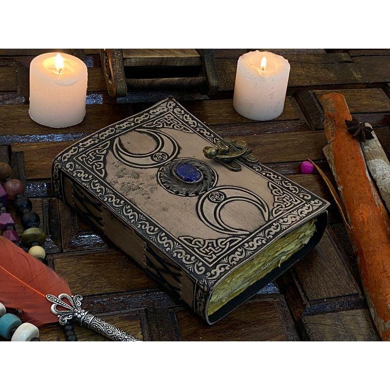 Triple Moon Goddess Vintage leather Journal blank spell Book of shadows Grimoire journal witchcraft supplies Wiccan journal