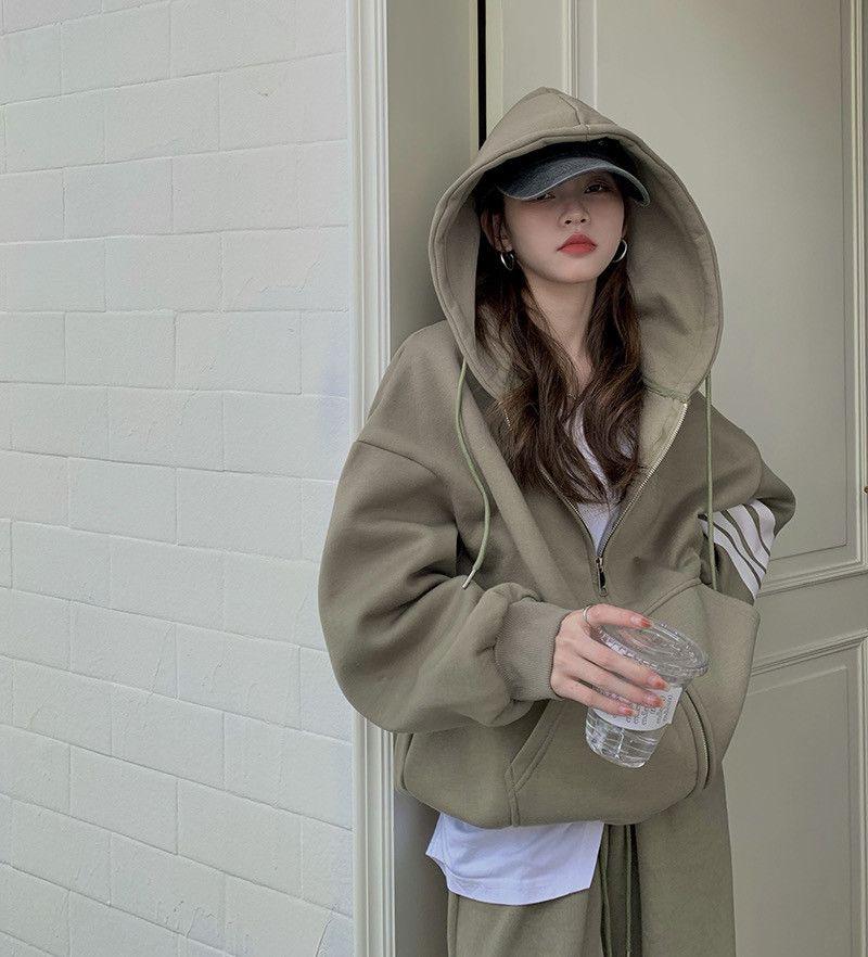 Dámská tepláková souprava Influencer: Volná mikina s kapucí na zip a tepláky v korejském stylu pro podzimní/jarní ležérní módu