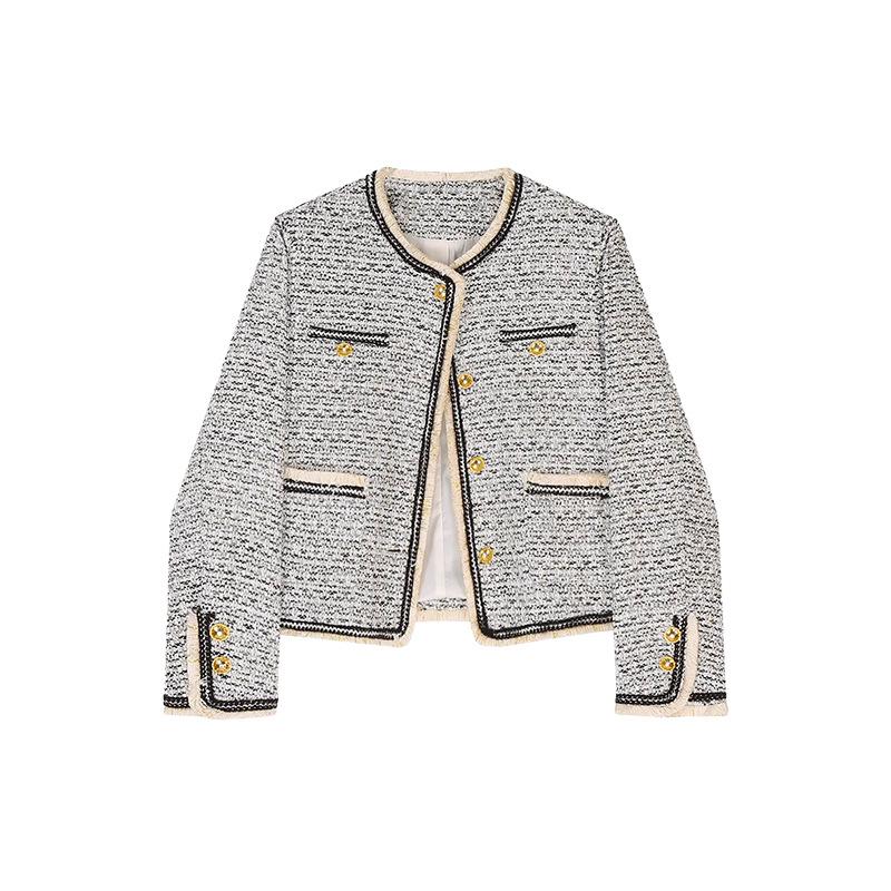 24 Autumn and Winter Temperament Pulled Small Fragrant Jacket Women's Gold Buckle Round Neck Small Tweed Short Top