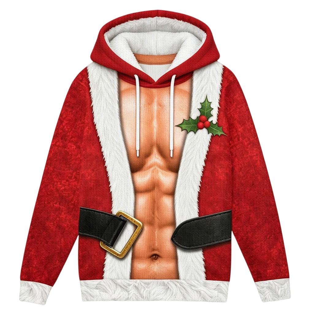 Men's Casual Loose Fit Long Sleeve Hooded Shirt Christmas Print Pullover