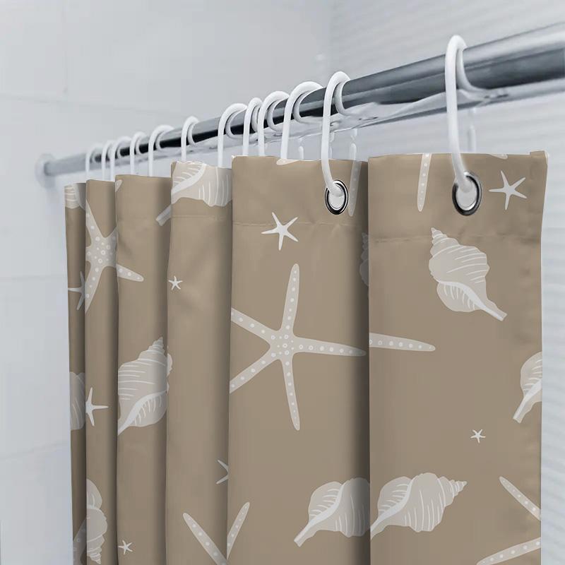 Beach-themed Shower Curtain with White Sea Starfish and Shells for Bathroom Decor In Brown Color (set of 1) Item #XXXXX