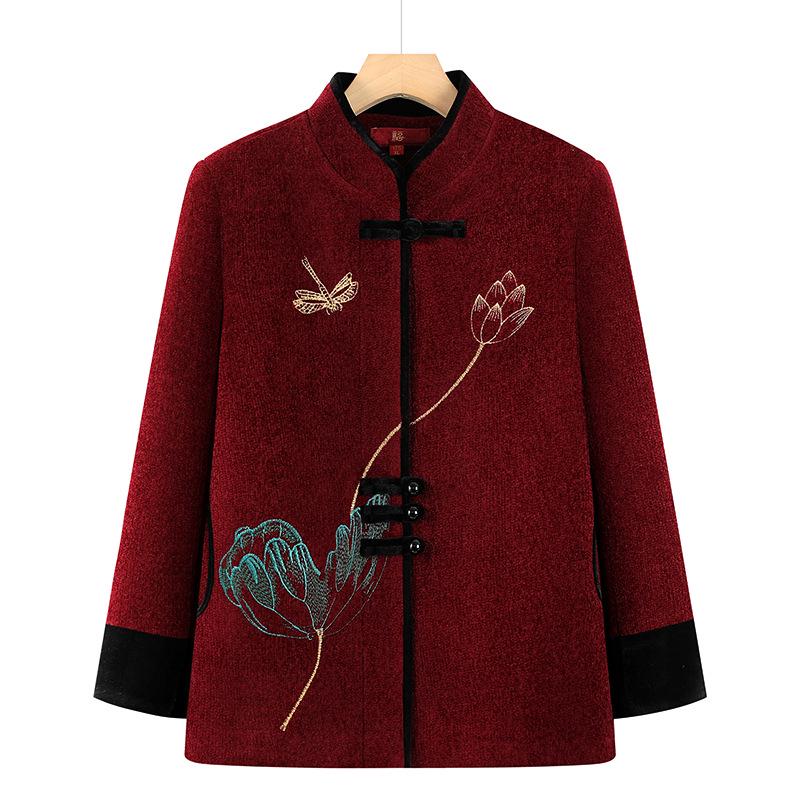2025 Embroidered Woolen Coat for Elderly Women (Aged 60-80) - Plus Velvet Winter Style